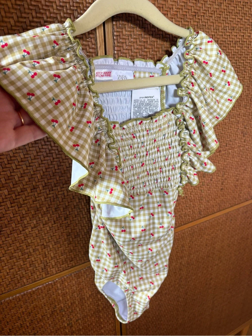 Zara Gingham One-Piece with Cherry Print and Ruffle Shoulders